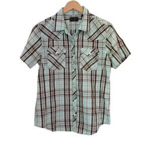 Bit & Bridle Western Button Front Top Womens Size L Plaid Blue Brown Silver